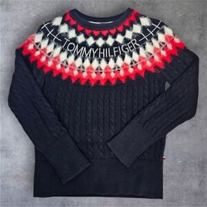 Y2K Tommy Hilfiger Womens Sweater XS Navy Blue Fair Isle Cable Knit Logo Q69